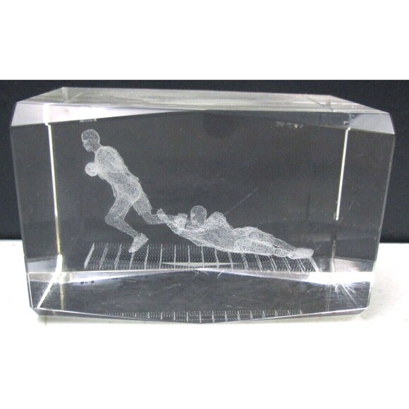 Football Runner 3" Crystal Glass 3D Laser Etched Solid Cube Paperweight - Picture 1 of 4